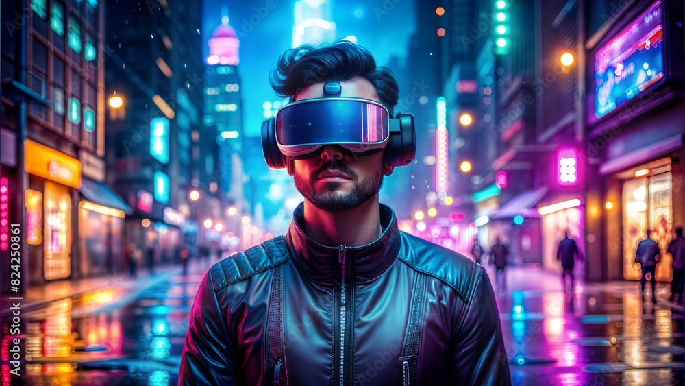 portrait of a person in VR glasses on the street of futuristic city portrait of a person in VR glasses on the street of futuristic city