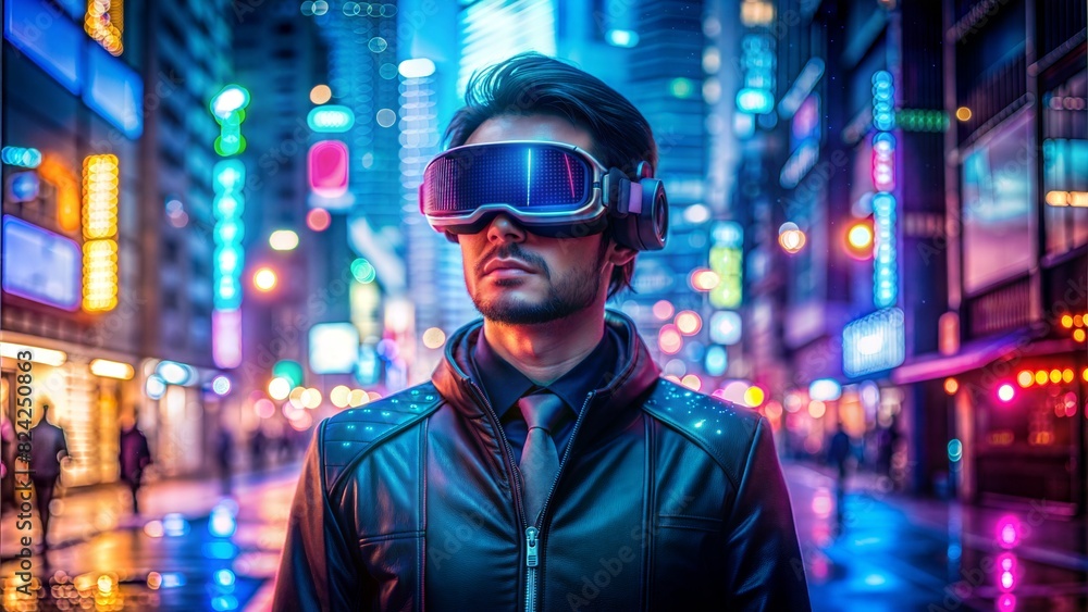 portrait of a person in VR glasses on the street of futuristic city portrait of a person in VR glasses on the street of futuristic city