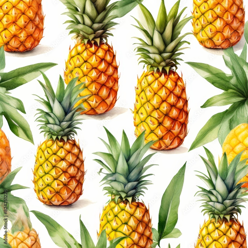 Pineapples and leaves on yellow seamless pattern. Modern tropical exotic fruit design for wrapping Pineapples and leaves on yellow seamless pattern. Modern tropical exotic fruit design for wrapping