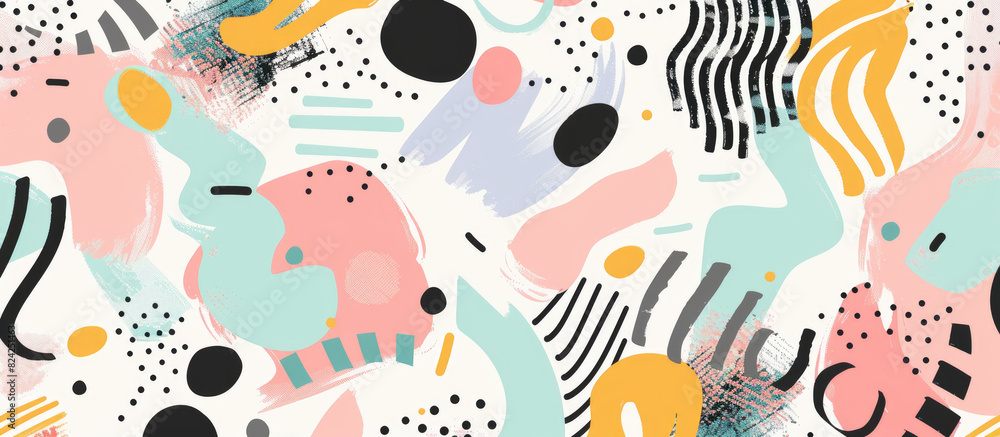 Abstract background with colorful pastel shapes and patterns, hand drawn doodles and elements, stripes and dots, white background