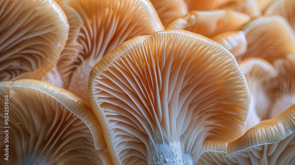 A macro shot of the intricate gills underneath a mushroom cap, highlighting their unique structure. A macro shot of the intricate gills underneath a mushroom cap, highlighting their unique structure.