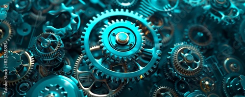 Abstract futuristic digital technology background with gears and cogs in the style of teal color, on black.
