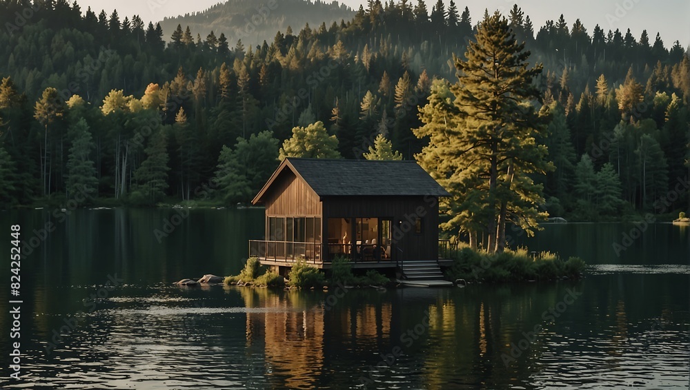 wooden house sits on the edge of a body of water. wooden house sits on the edge of a body of water.