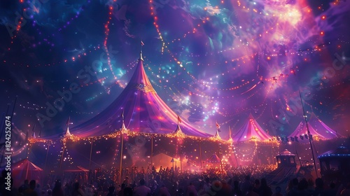 Illustrate the grand finale of a circus show, with performers from all acts coming together for a spectacular, colorful celebration, Close up photo