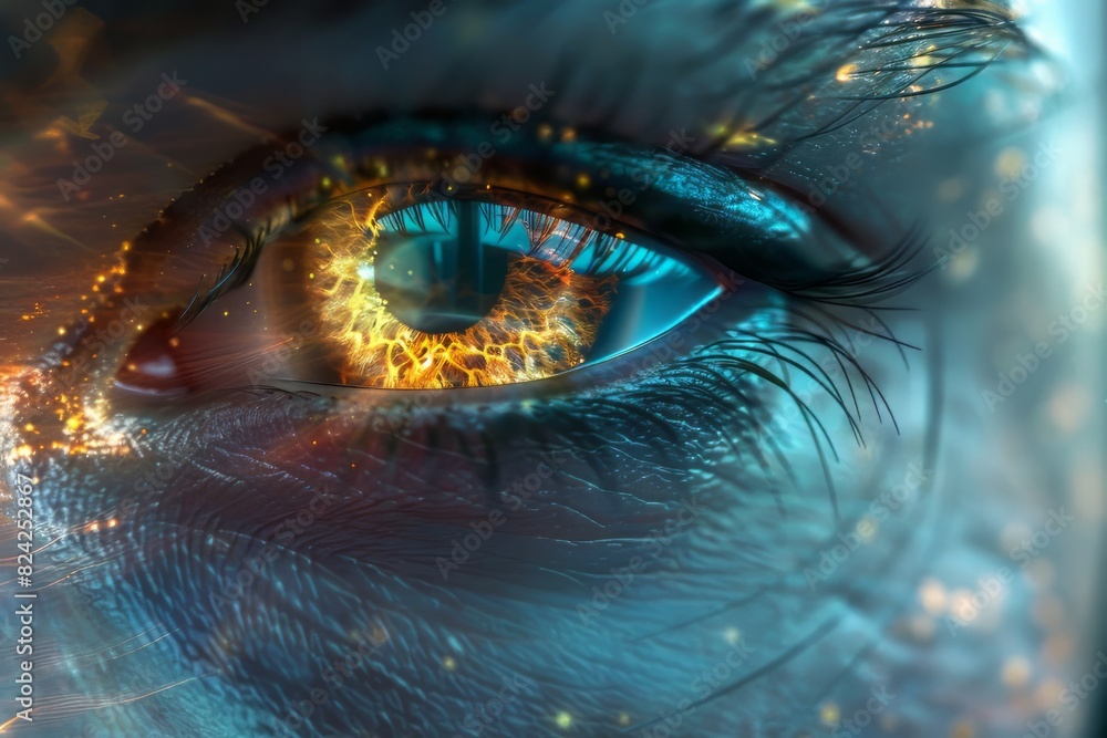 Realistic hologram of human eye and real eye close-up.Laser eye surgery, cataract, ophthalmologist Realistic hologram of human eye and real eye close-up.Laser eye surgery, cataract, ophthalmologist