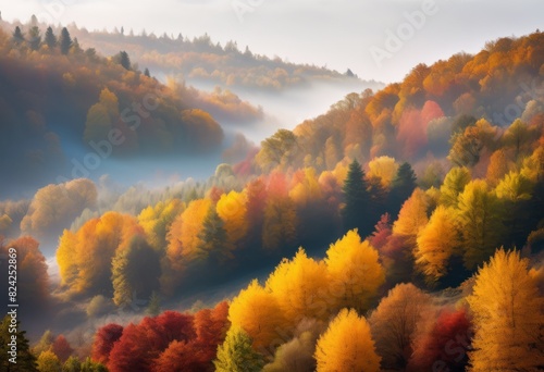 misty autumn landscape captured telephoto lens enhanced depth, foggy, morning, scene, perspective, nature, outdoors, tranquil, serene, fog, trees, foliage photo