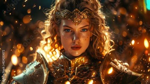Princesa guerreira medieval épica com armadura de ouro reluzente photo