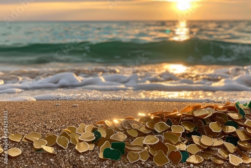 Microplastics visible on the sand of a popular beach at sunset