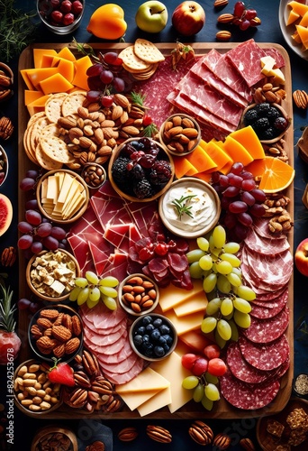 aerial view beautifully arranged charcuterie board captured wide angle lens showcasing entire spread stunning detail, arrangement, display, cheese, meat