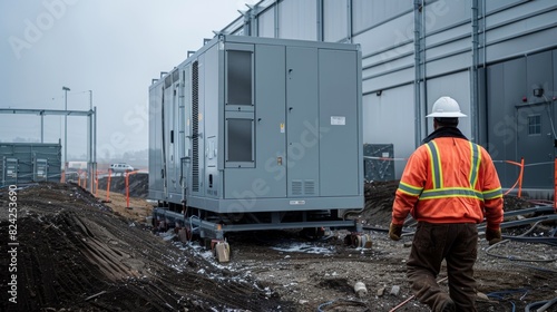 A worker directing the placement of a large generator at the site to provide backup power for the grid.