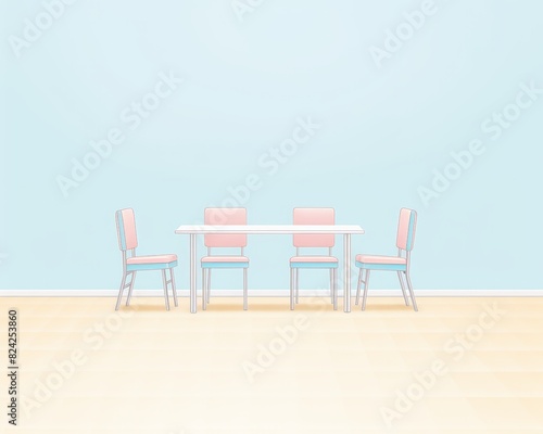 Minimalist dining area with pastel pink chairs and a white table against a light blue wall and wooden floor  featuring a modern design.