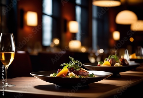 ambient light moody food serving dimly lit restaurant selective focus, dining, atmospheric, shots, cuisine, dishes, dinner, supper, meal, gourmet, elegant