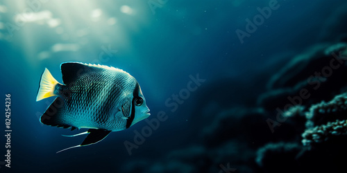 the angelfish swimming underwater, clear ocean water seabed, copy space for text photo
