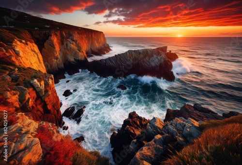 dramatic coastal clifftop sunrise crashing waves rugged rocks, cliffs, landscape, seascape, nature, scenery, ocean, water, shoreline, horizon, morning, sunlight photo