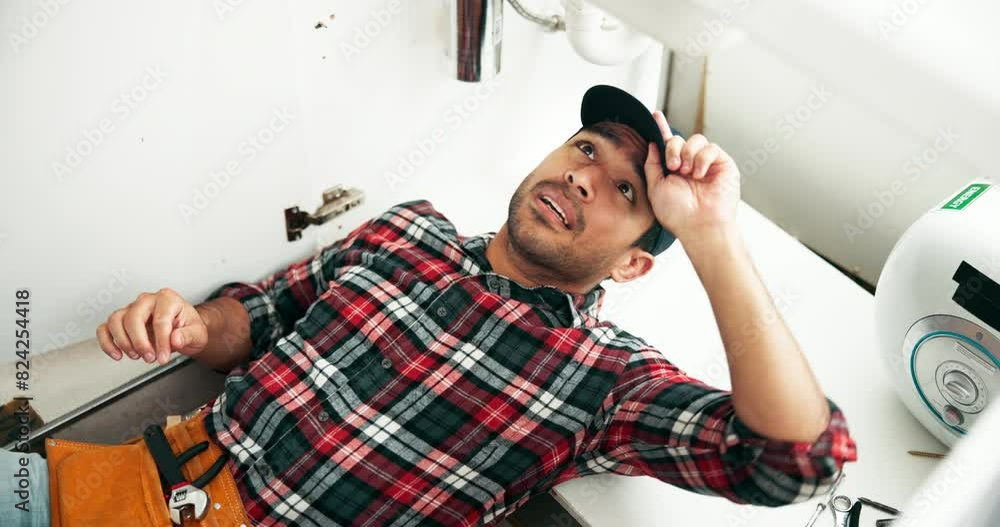 Man, plumbing and pipe with wrench for repair, maintenance or leak on sink, fix or service at home. Young male person, handyman or plumber tools on faucet, basin or water leakage in bathroom at house Man, plumbing and pipe with wrench for repair, maintenance or leak on sink, fix or service at home. Young male person, handyman or plumber tools on faucet, basin or water leakage in bathroom at house
