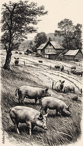 A black and white illustration of a rural farm scene with pigs grazing in the foreground and a barn in the background. The landscape includes trees and rolling hills. International Bacon Day.