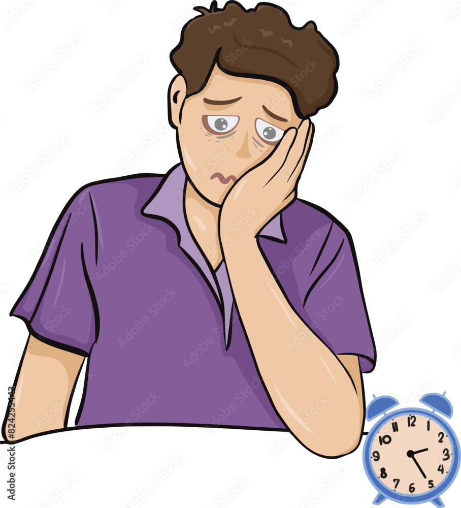Obraz premium Middle-aged man has insomnia, dark circles in his eyes and difficulty sleeping. Insomnia concept vector illustration.