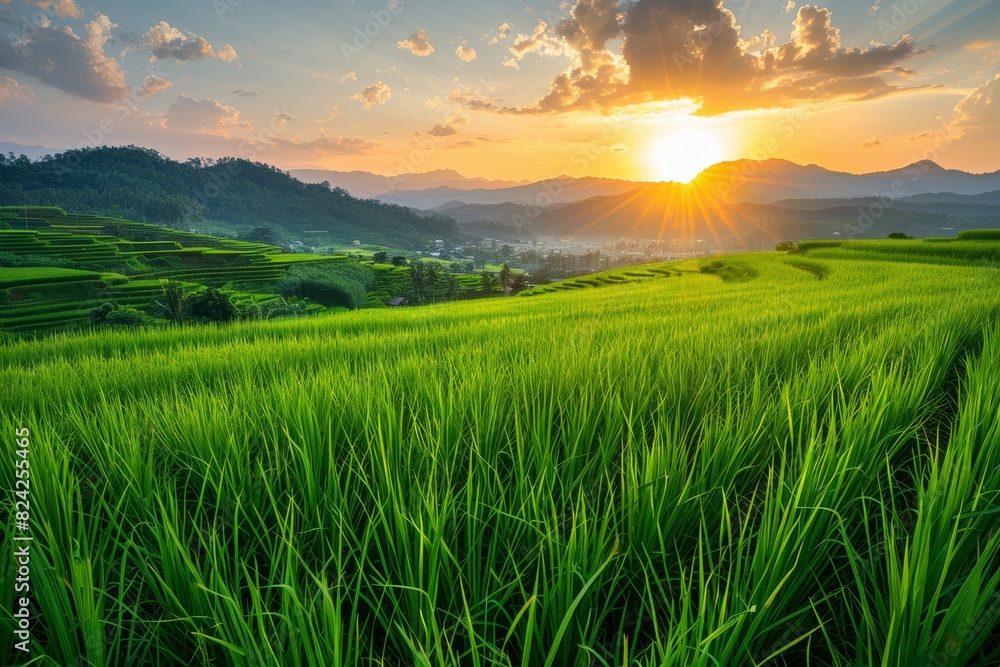 Golden Sunset Over Rice Paddy Fields Golden Sunset Over Rice Paddy Fields