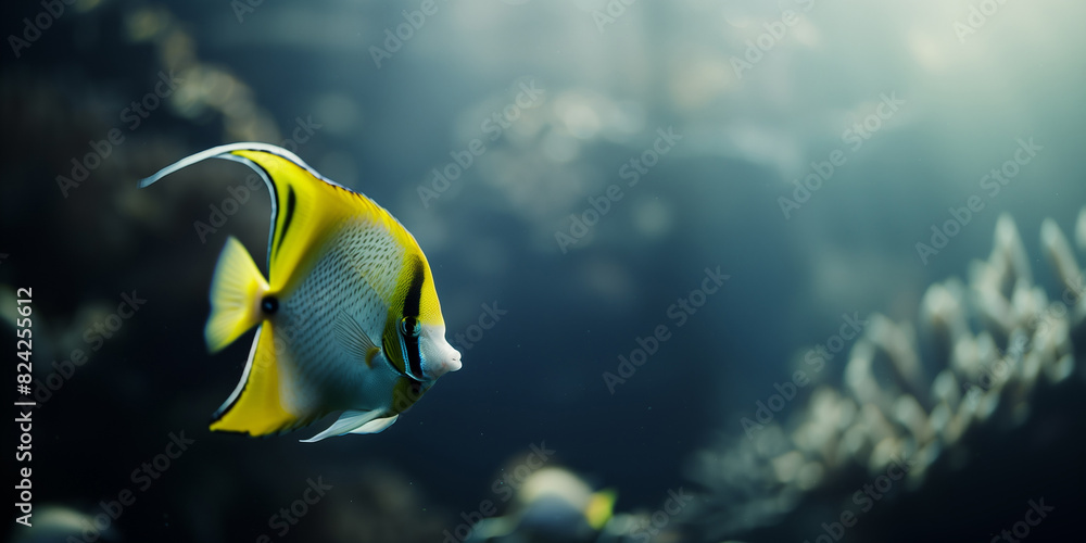 the angelfish swimming underwater, clear ocean water seabed, copy space for text the angelfish swimming underwater, clear ocean water seabed, copy space for text