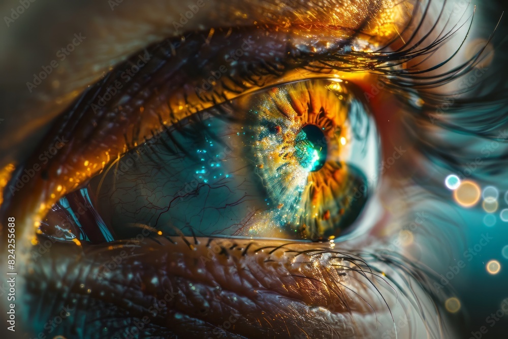 Realistic hologram of human eye and real eye close-up.Laser eye surgery, cataract, ophthalmologist Realistic hologram of human eye and real eye close-up.Laser eye surgery, cataract, ophthalmologist