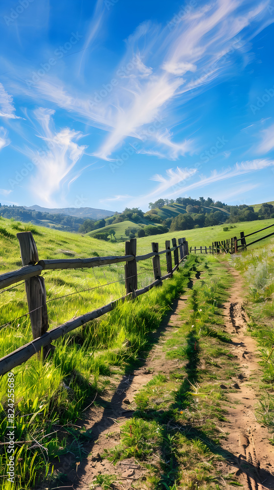 Idyllic Countryside Landscape with Rolling Green Hills and Meandering Dirt Path Under Blue Sky