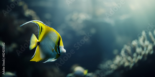 the angelfish swimming underwater, clear ocean water seabed, copy space for text