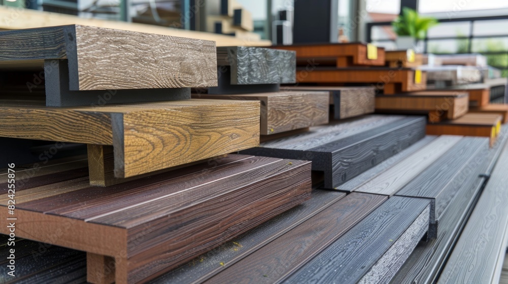 A display of recycled plastic decking and waterresistant wood composite materials used for outdoor spaces and balconies.