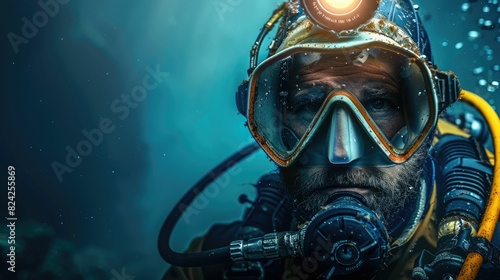 The picture of the diver is diving in the sea or ocean and wearing goggles and snorkel, the diver require skills like knowledge of the diving equipment and gear, buoyancy control and training. AIG43. photo