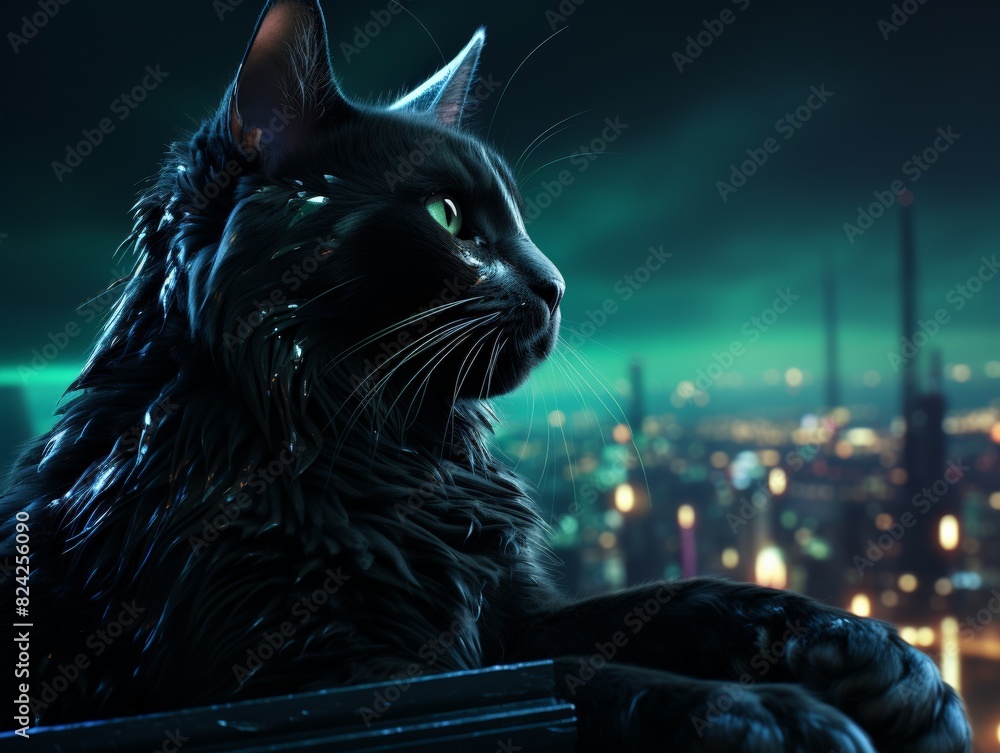 Black cat overlooking futuristic city skyline at night with neon lights ...