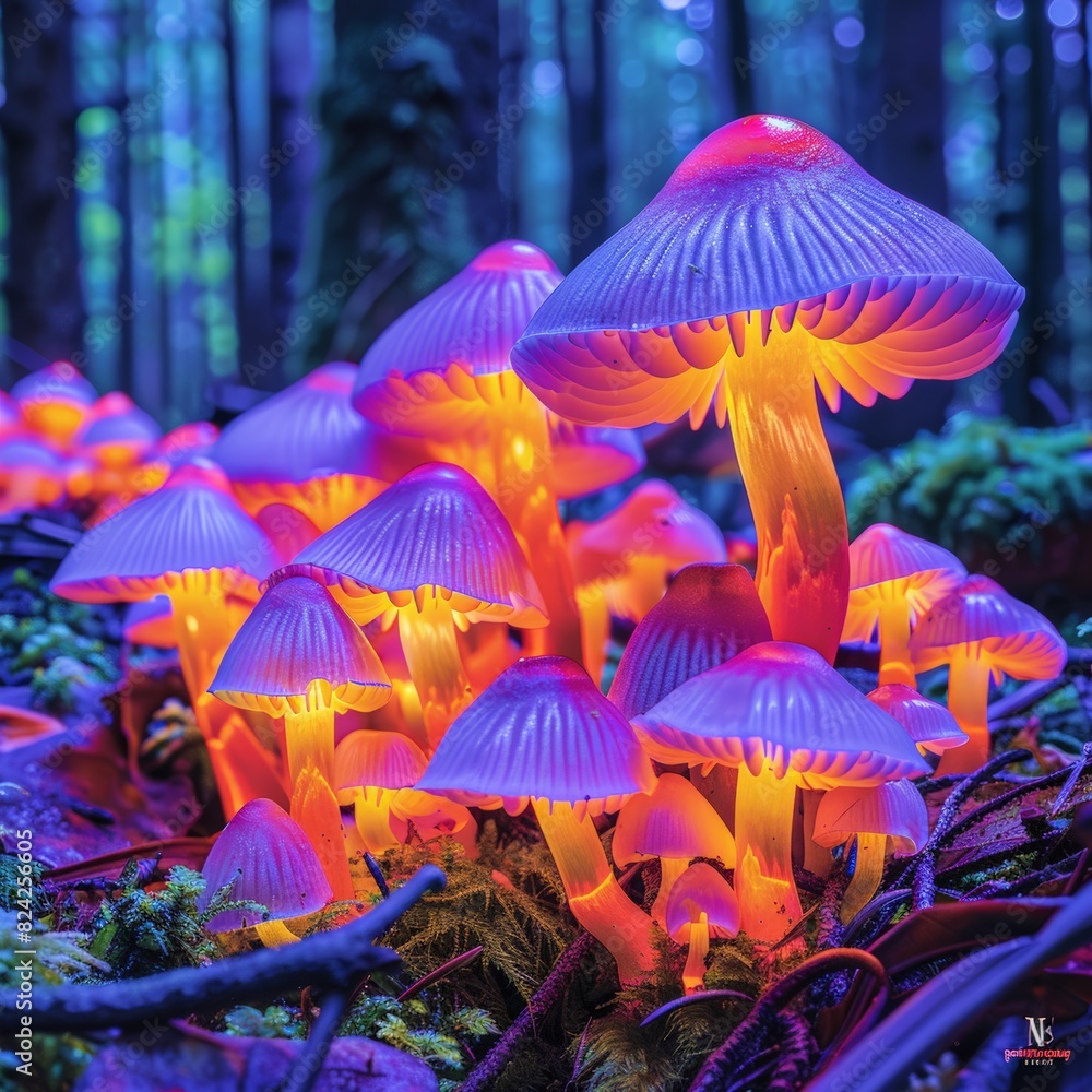 Fototapeta premium Illuminated mushrooms glowing bright in a mystical forest at night, creating a magical and enchanting woodland scene.