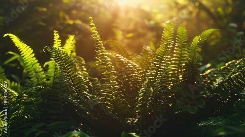 Stunning foliage of ferns in a natural floral background illuminated by sunlight