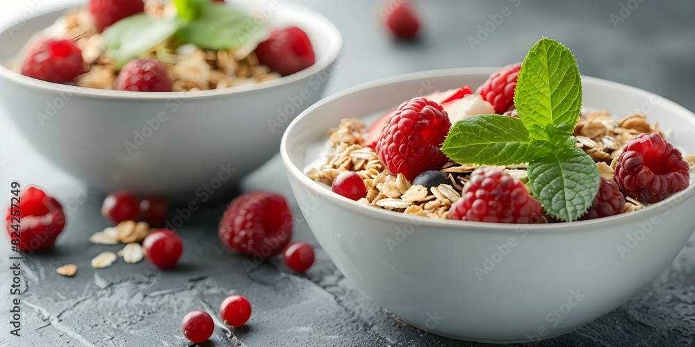 Wholesome granola bowl with fresh fruits: perfect for breakfast or snack. Concept Granola Breakfast, Fresh Fruits, Healthy Snack, Wholesome Meal Wholesome granola bowl with fresh fruits: perfect for breakfast or snack. Concept Granola Breakfast, Fresh Fruits, Healthy Snack, Wholesome Meal