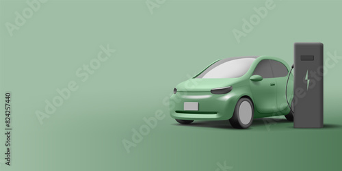 Green modern electric car and electric car charger, 3D. For the concepts of ecological transportation, technologies, and electrical power. Green banner. Vector