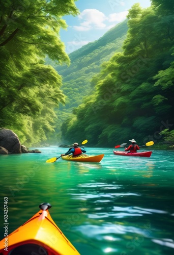 tranquil river kayaking scene captured telephoto lens under natural light, outdoor, adventure, sport, leisure, water, paddle, explore, serene, peaceful © Yaroslava