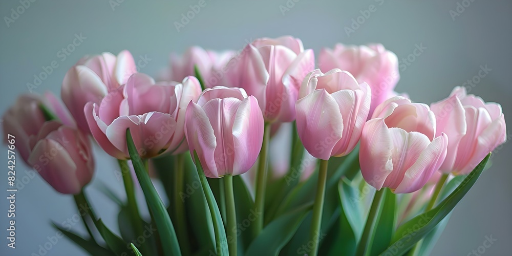 Fototapeta premium Delicately Illuminated Light Pink Tulips Against a Simple Background. Concept Spring Flowers, Nature Photography, Soft Lighting, Minimalistic Background, Floral Portraits