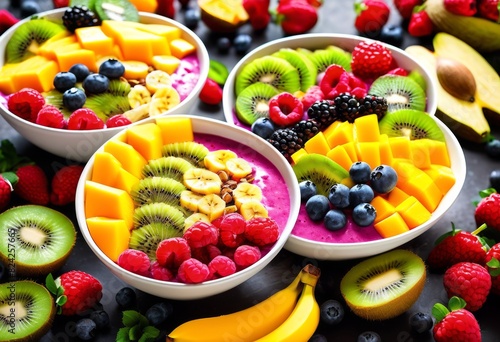 close ups vibrant colorful smoothie bowls polarizing filter enhancing color saturation reducing glare, fruit, mixed, berries, banana, kiwi, mango, blueberry, photo