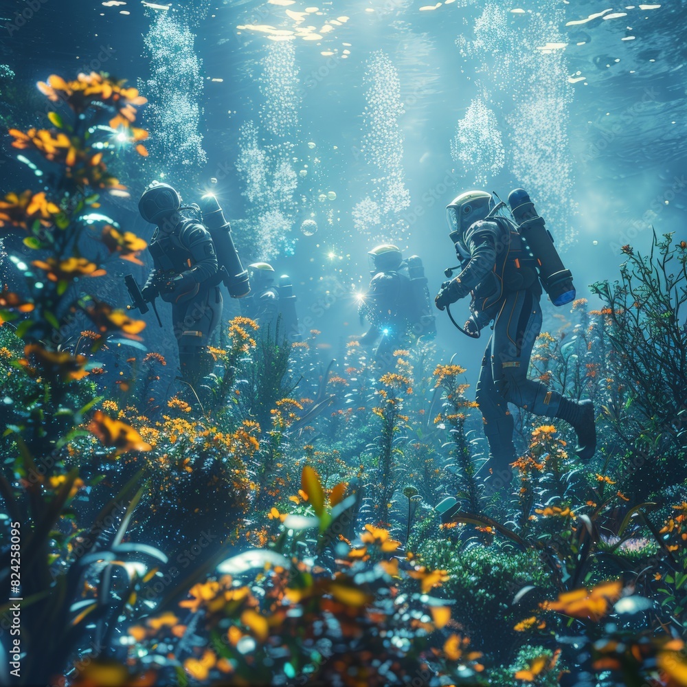 custom made wallpaper toronto digitalDivers exploring vibrant underwater world filled with colorful corals and plants, illuminated by sunlight filtering through the water.