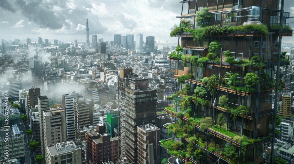 Obraz premium A building with vertical garden and fog