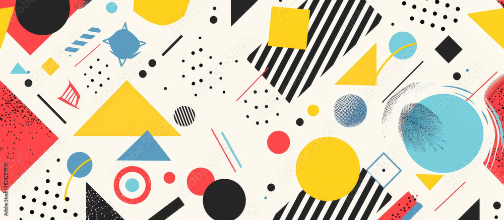 custom made wallpaper toronto digitalA vibrant and dynamic background illustration with bold geometric shapes, featuring bright colors like reds, yellows, blues, black dots, triangles, circles, and squares in an abstract pattern