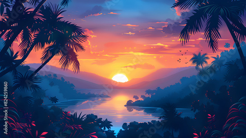 Sunset with Mountains and Jungle  Copy Space  Generative Ai