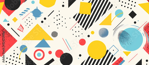 Wallpaper Mural A vibrant and dynamic background illustration with bold geometric shapes, featuring bright colors like reds, yellows, blues, black dots, triangles, circles, and squares in an abstract pattern Torontodigital.ca