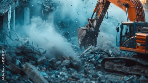 An excavator flawlessly demolishes an old building with powerful hydraulic attachments. photo