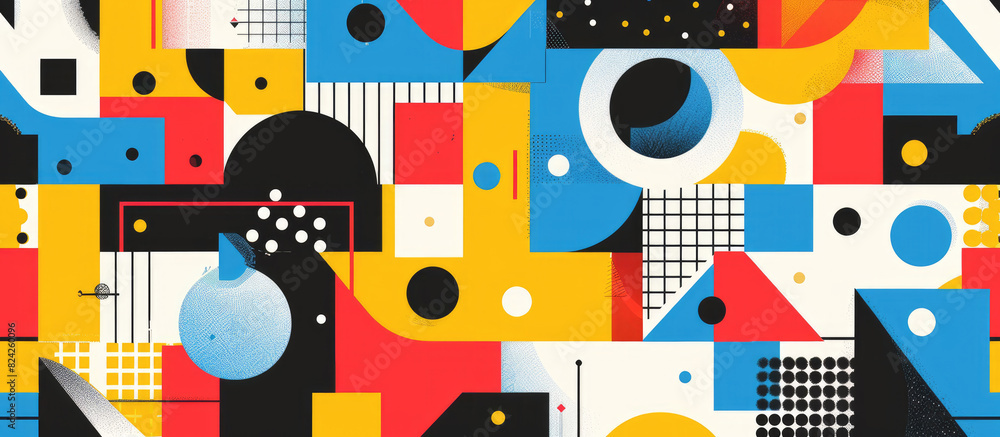 A vibrant and colorful illustration of abstract shapes, bold lines, and geometric patterns in reds, yellows, blues, greens, black and white