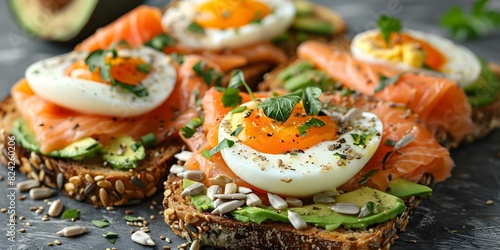 Openfaced multigrain toast with avocado salmon eggs herbs and sunflower seeds. Concept Breakfast Recipes, Healthy Eating, Avocado Toasts, Superfood Combos photo