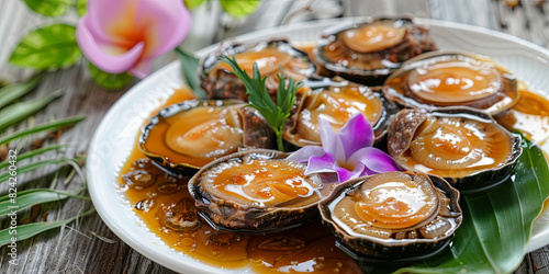 a plate of delicious abalones, generative AI photo