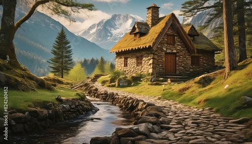 mountain, house, landscape, sky, church, nature, architecture, building, alps, water, grass, mountains, travel, old, tree, stone, river, europe, ancient, wood, hut, green, chalet, clouds, summer