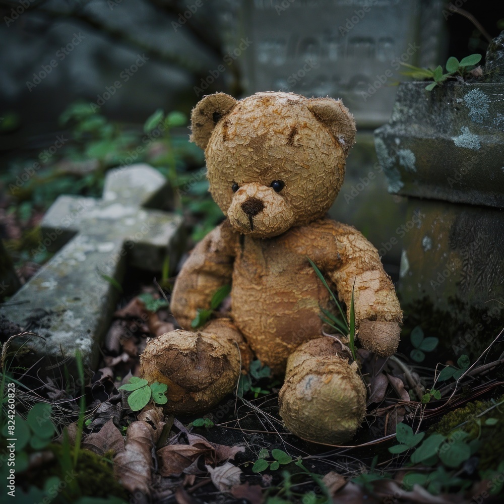 A scary teddy bear in a graveyard A scary teddy bear in a graveyard