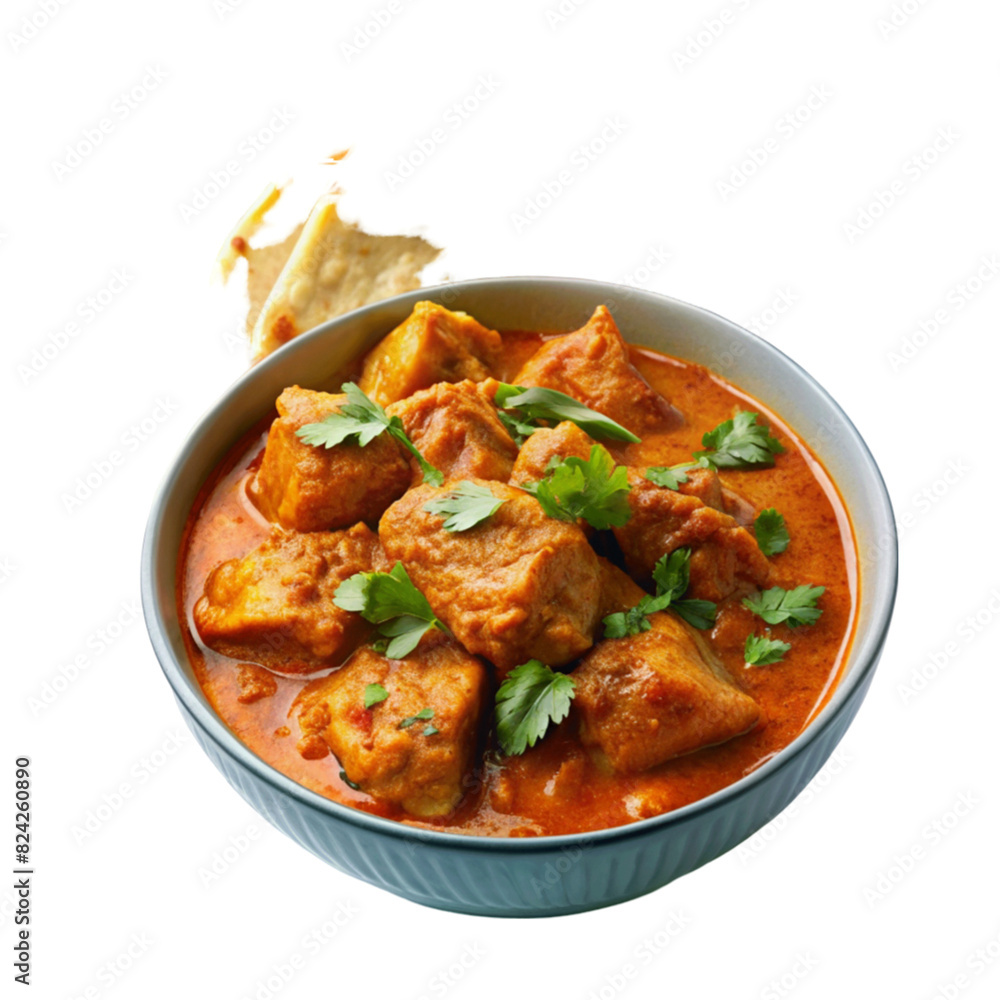 A bowl of spicy chicken curry with naan bread isolated on Transparent background. A bowl of spicy chicken curry with naan bread isolated on Transparent background.