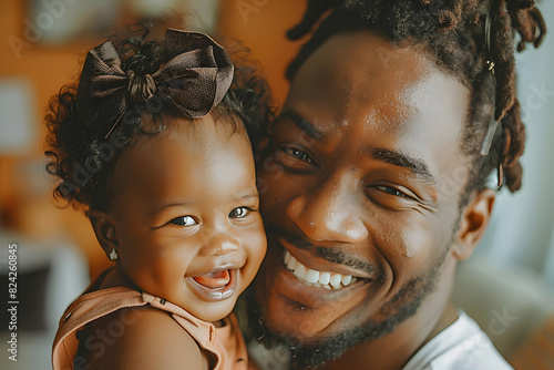 Black man father sleeping with daughter or son child. Caring father hugs his baby tenderly. Father's Day or Children's Day concept