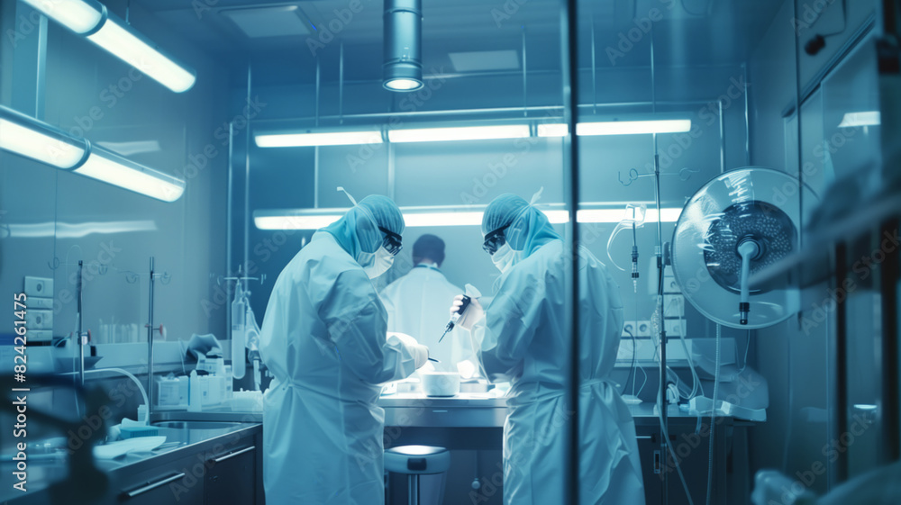 The search for a vaccine against a new virus. Two surgeons perform the operation in sterile conditions. The scene is serious The search for a vaccine against a new virus. Two surgeons perform the operation in sterile conditions. The scene is serious